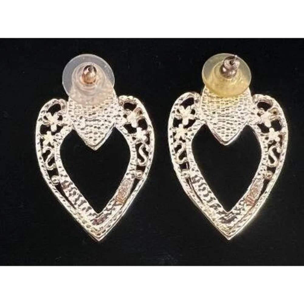 Vintage Goldtone with Black Enamel Filigree Style Heart Design Earrings